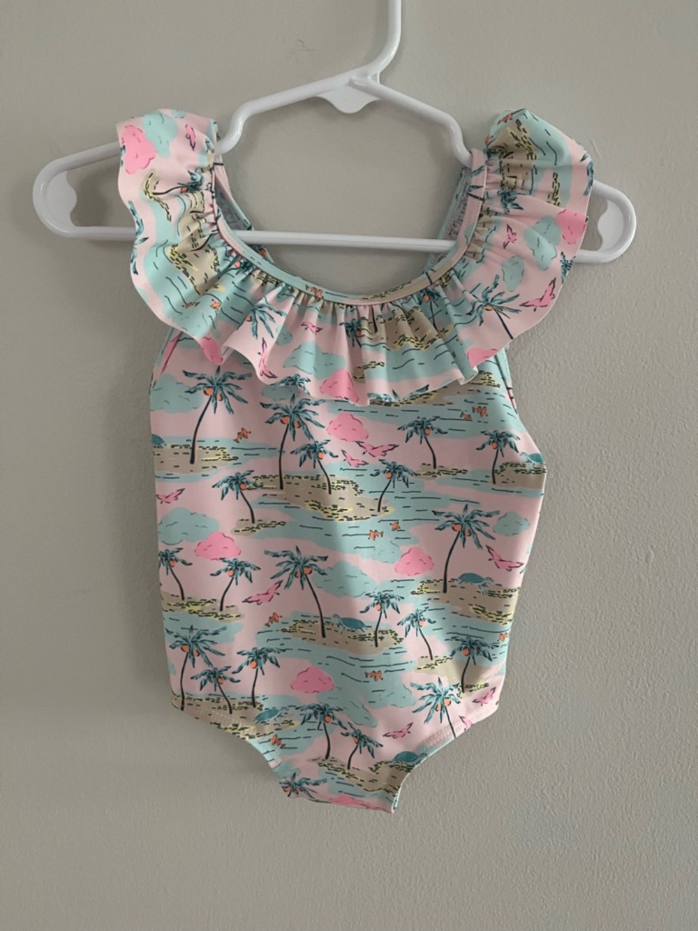 NWT H&M Ruffle Baby Toddler One-Piece Swimsuit - Pastel Palm Print Sz 6-12 M